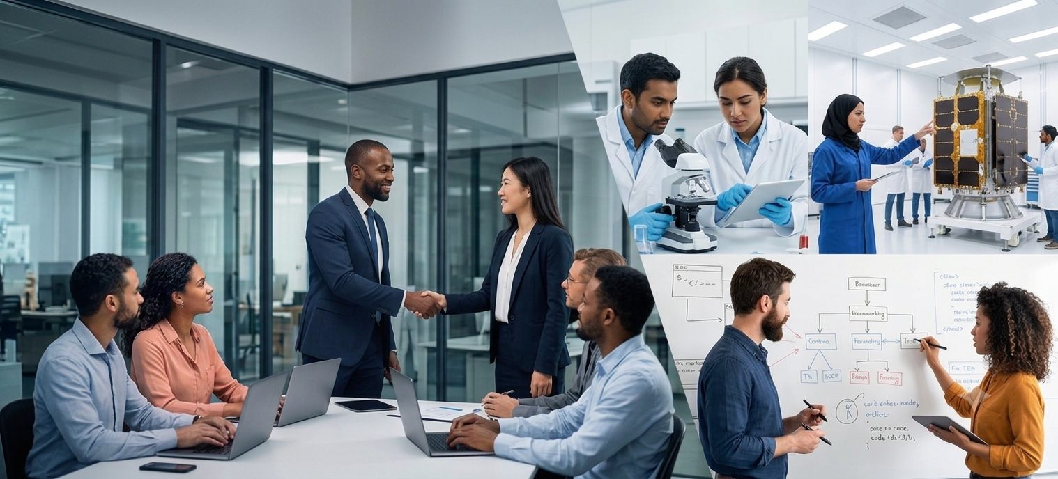 Des femmes et des hommes de toutes origines au travail : bureau, chantier, santé, service public et atelier